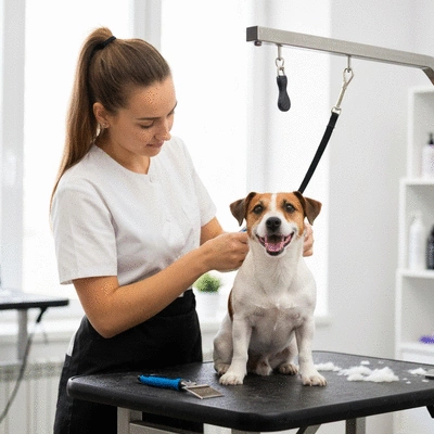 Professional groomer expertly grooming a happy dog with specialized tools
