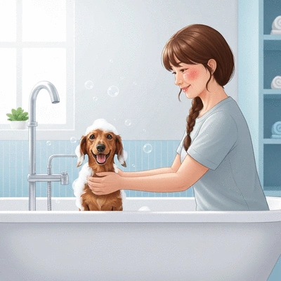 A happy dog being gently bathed in a tub with deodorizing shampoo by an owner, showing bubbles and a clean, fresh environment, no text, no words, no typography, 8K