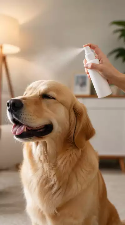 Dog being gently sprayed with deodorizing spray, warm indoor lighting, no text, no words, no typography, clean image
