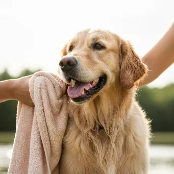 Dog being dried with a microfiber towel