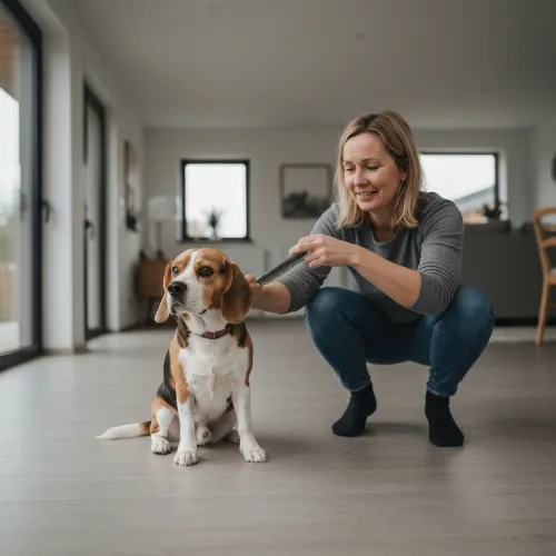 Happy dog getting groomed by owner